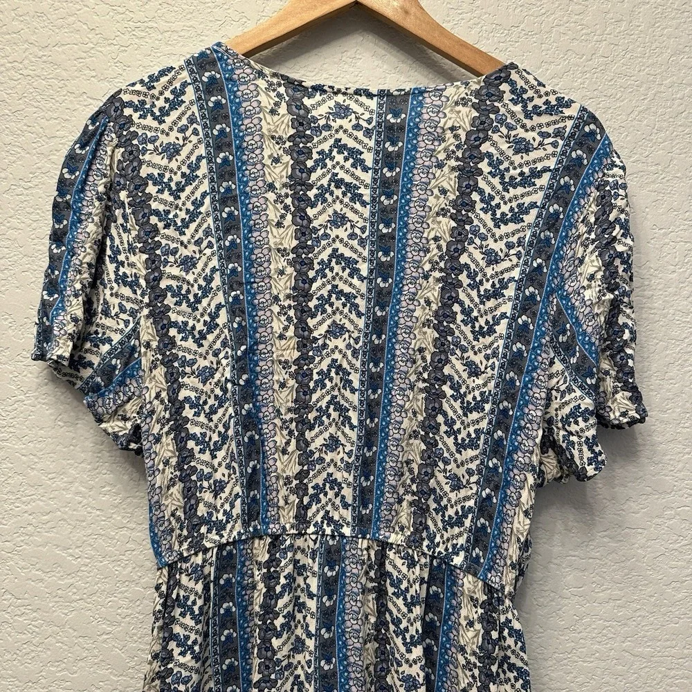 SO Goods For Life Blue Floral Stripe Faux‎ Wrap Dress XXL Short Sleeve V-Neck